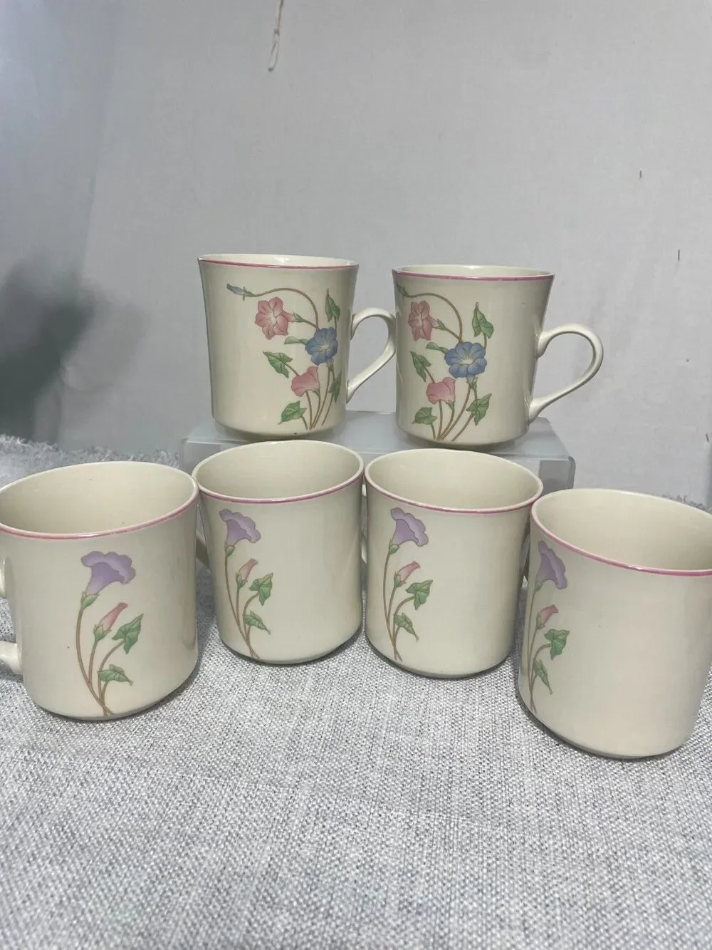 STONE WARE PRIMAVERA 8495 VINTAGE Pingk & Blue Floral‎ COFFEE MUGS SET/6 cups